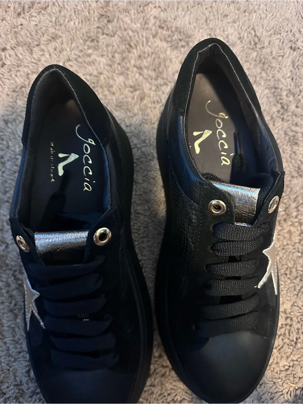 Joccia Italian Leather Star Platform Sneakers Black Silver Size 39